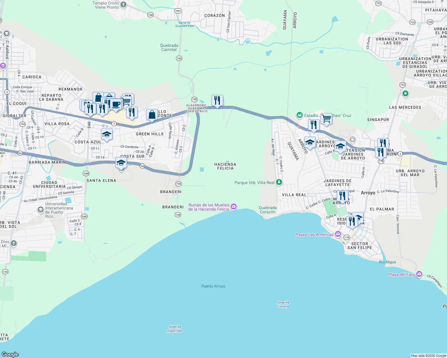 map of restaurants, bars, coffee shops, grocery stores, and more near in Guayama