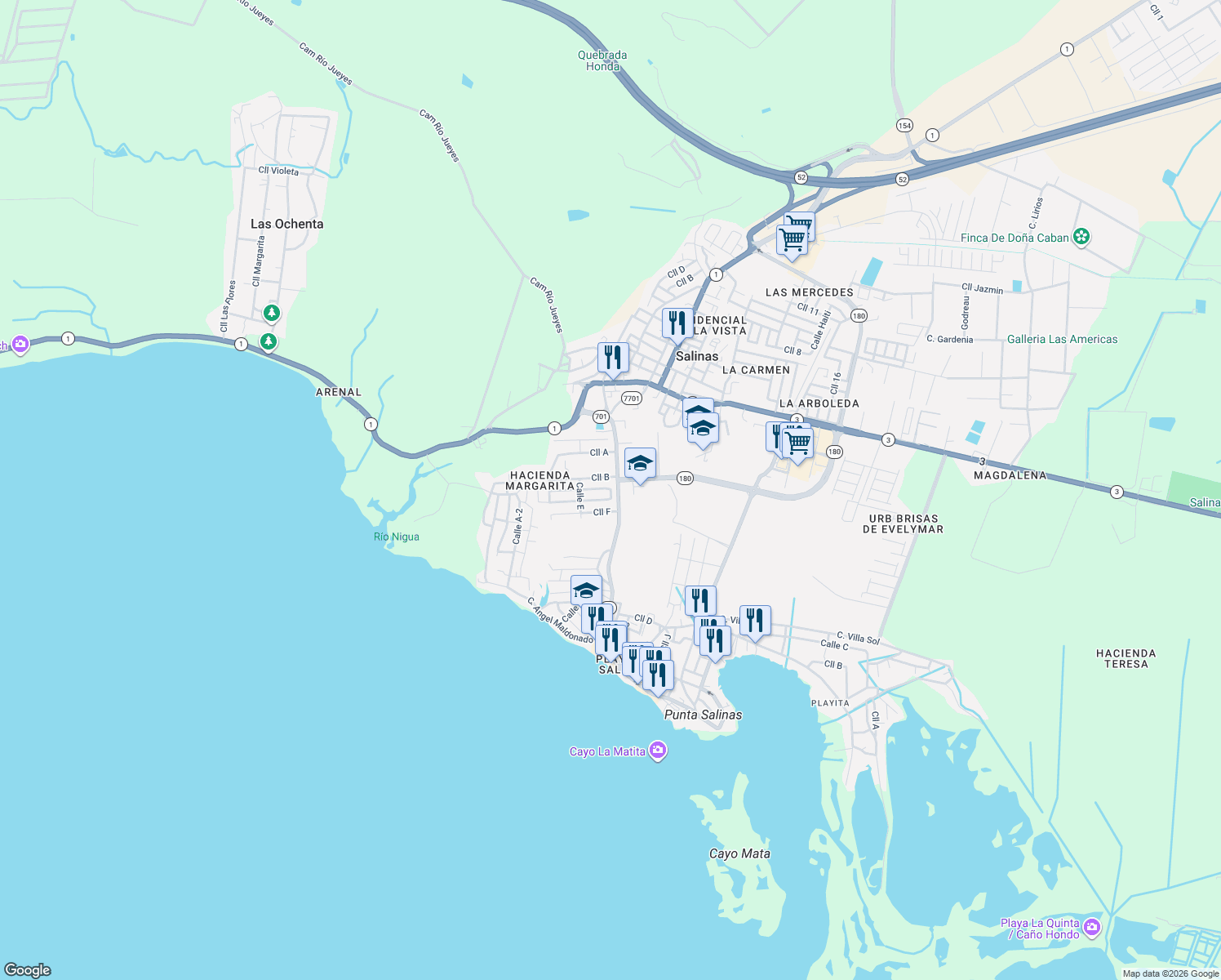 map of restaurants, bars, coffee shops, grocery stores, and more near Calle C in Salinas