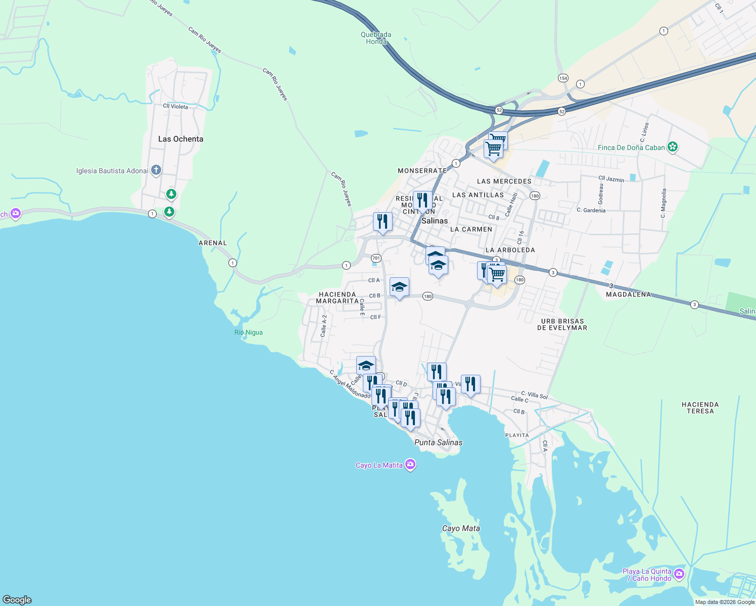 map of restaurants, bars, coffee shops, grocery stores, and more near Calle C in Salinas