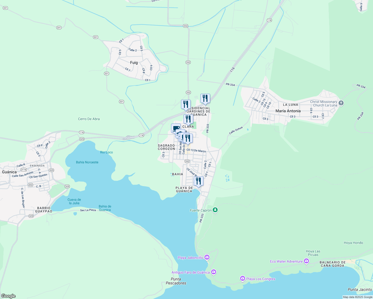 map of restaurants, bars, coffee shops, grocery stores, and more near 33 Calle 13 De Marzo in Guanica