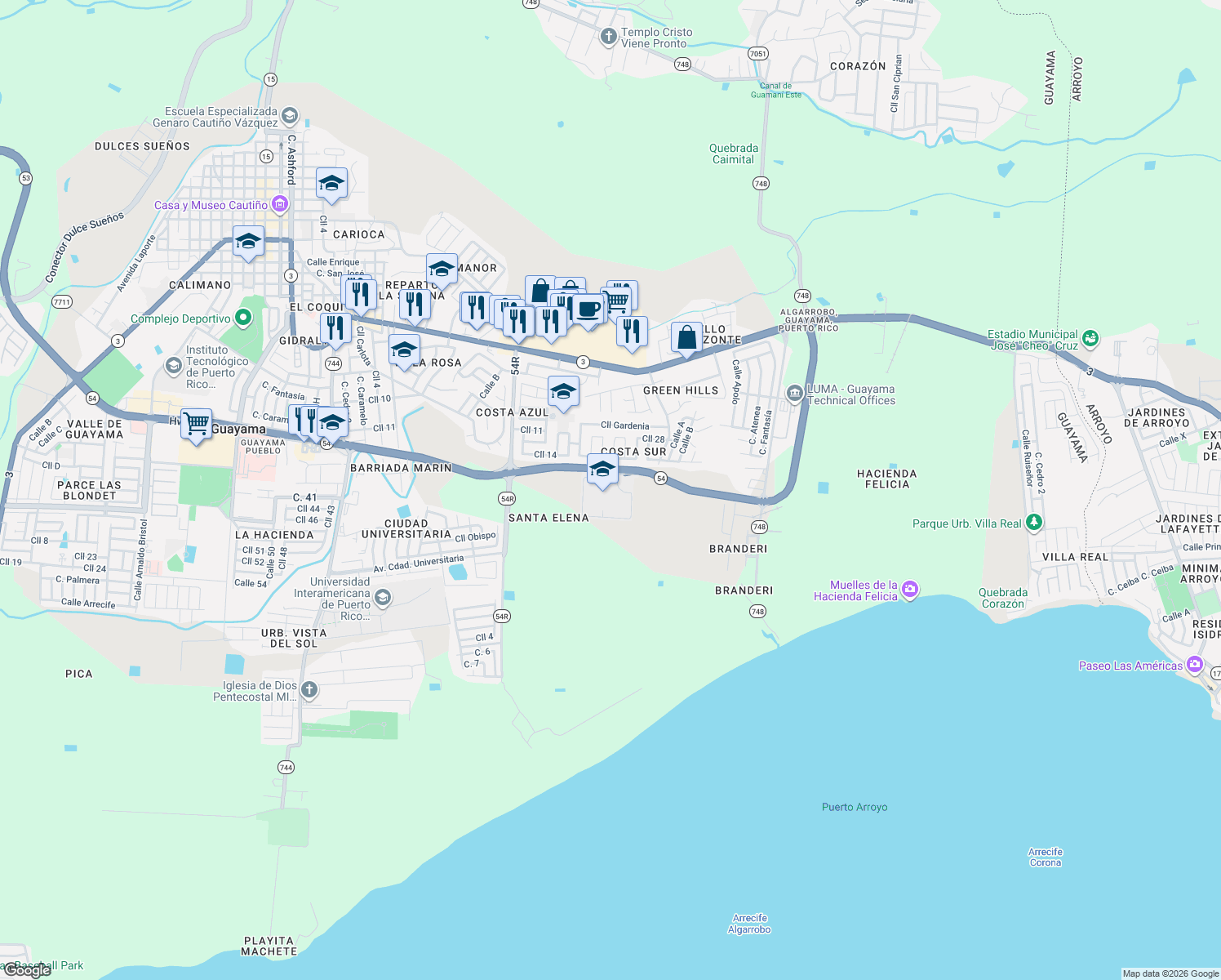 map of restaurants, bars, coffee shops, grocery stores, and more near Puerto Rico 54 in Guayama
