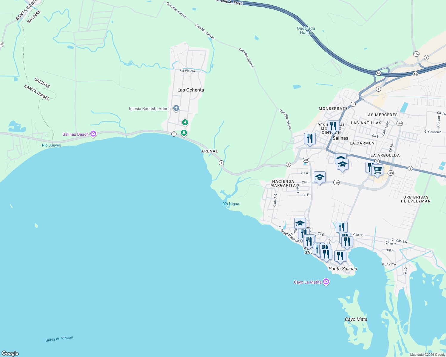 map of restaurants, bars, coffee shops, grocery stores, and more near 44 Puerto Rico 1 in Salinas