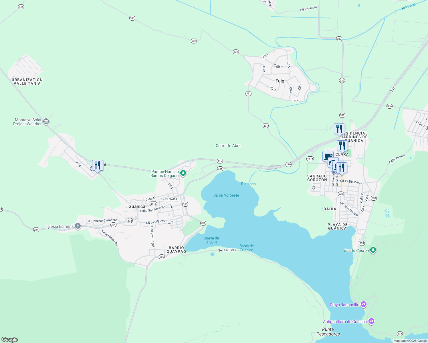 map of restaurants, bars, coffee shops, grocery stores, and more near Puerto Rico 3116 in Guanica