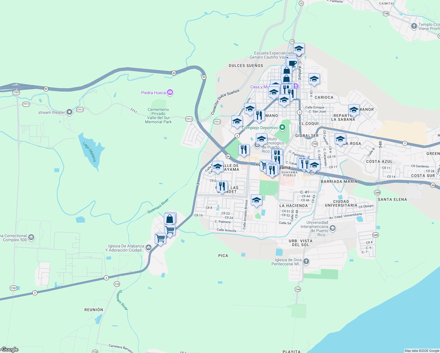 map of restaurants, bars, coffee shops, grocery stores, and more near 218-232 Calle G in Guayama