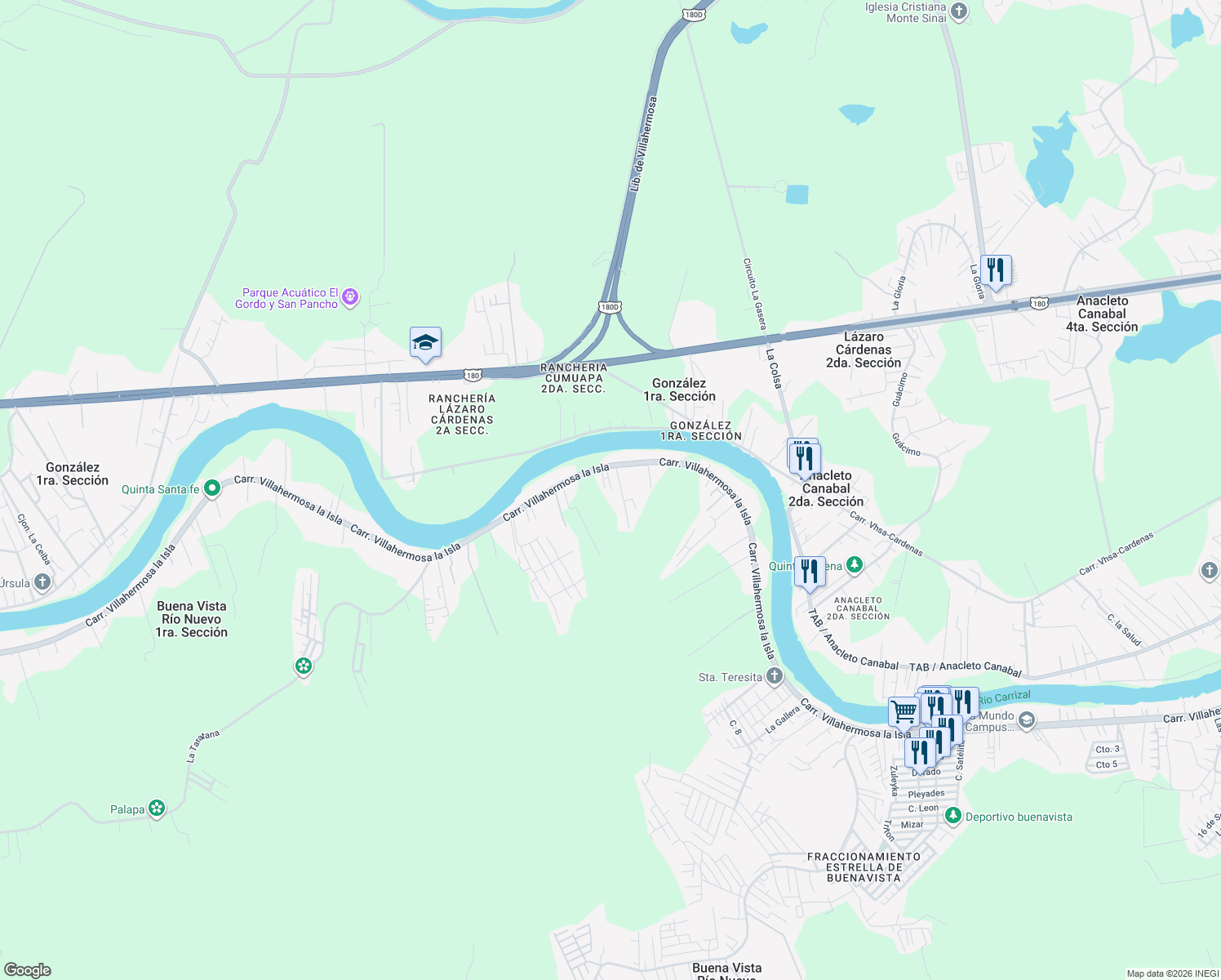 map of restaurants, bars, coffee shops, grocery stores, and more near Santa Clara in Buena Vista Río Nuevo 1ra. Sección