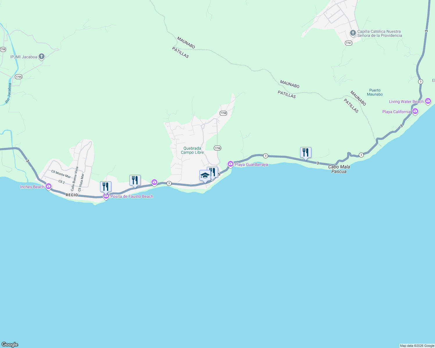 map of restaurants, bars, coffee shops, grocery stores, and more near Puerto Rico 7758 in Maunabo