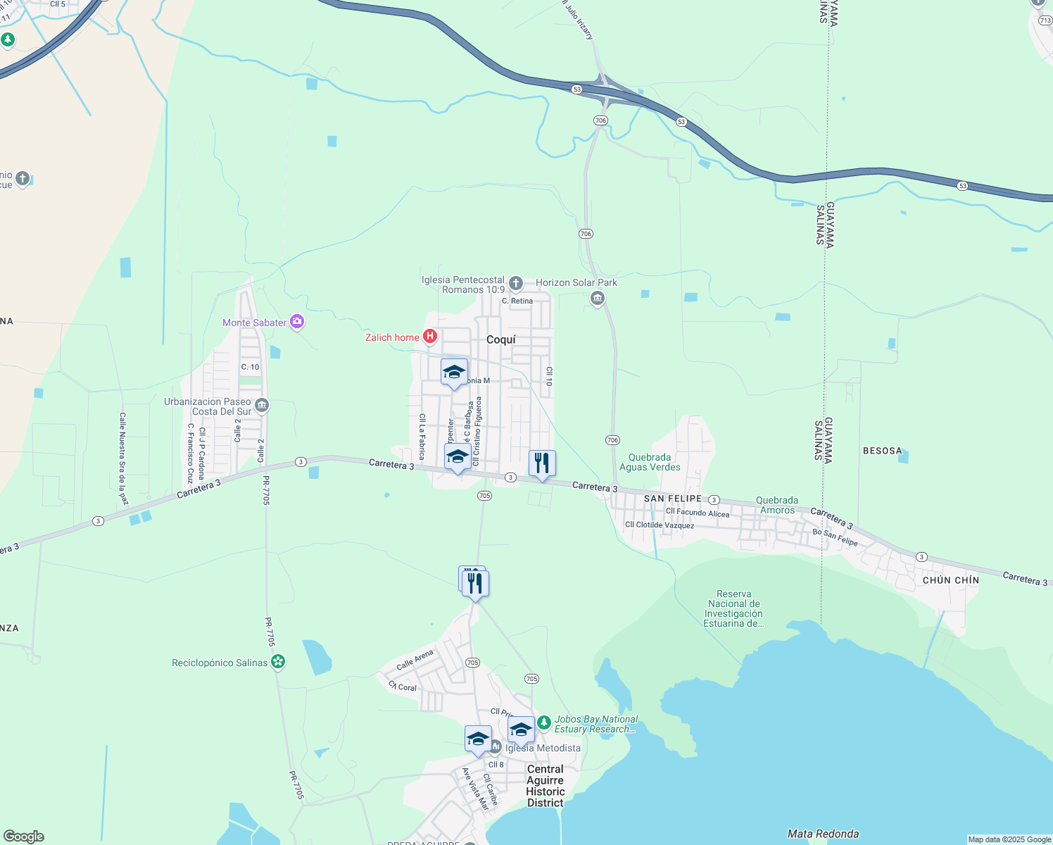 map of restaurants, bars, coffee shops, grocery stores, and more near Calle Principal in Salinas