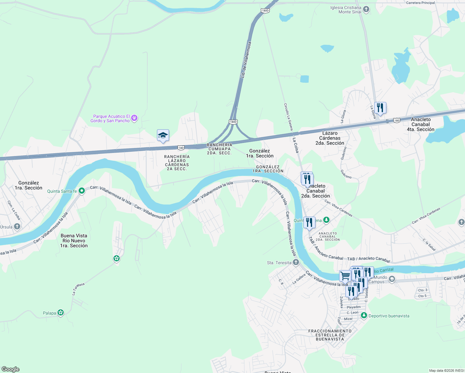 map of restaurants, bars, coffee shops, grocery stores, and more near Santa Clara in Buena Vista Río Nuevo 1ra. Sección