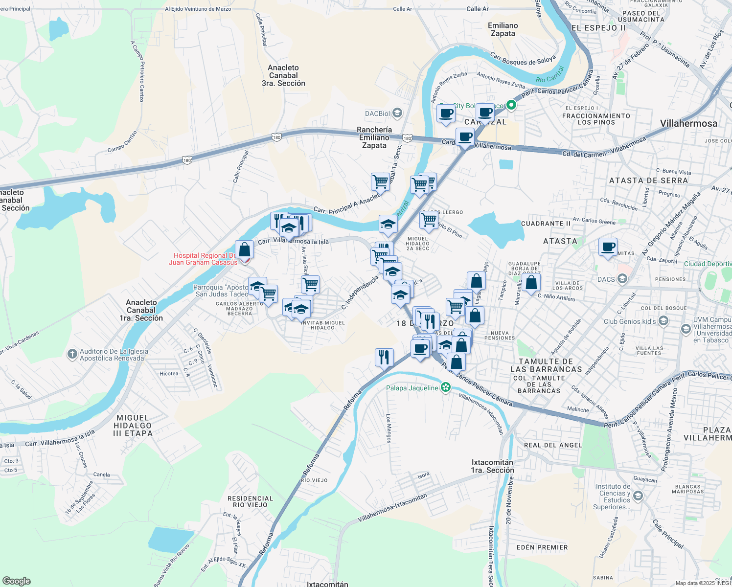 map of restaurants, bars, coffee shops, grocery stores, and more near Nuevo Tabasco in Villahermosa
