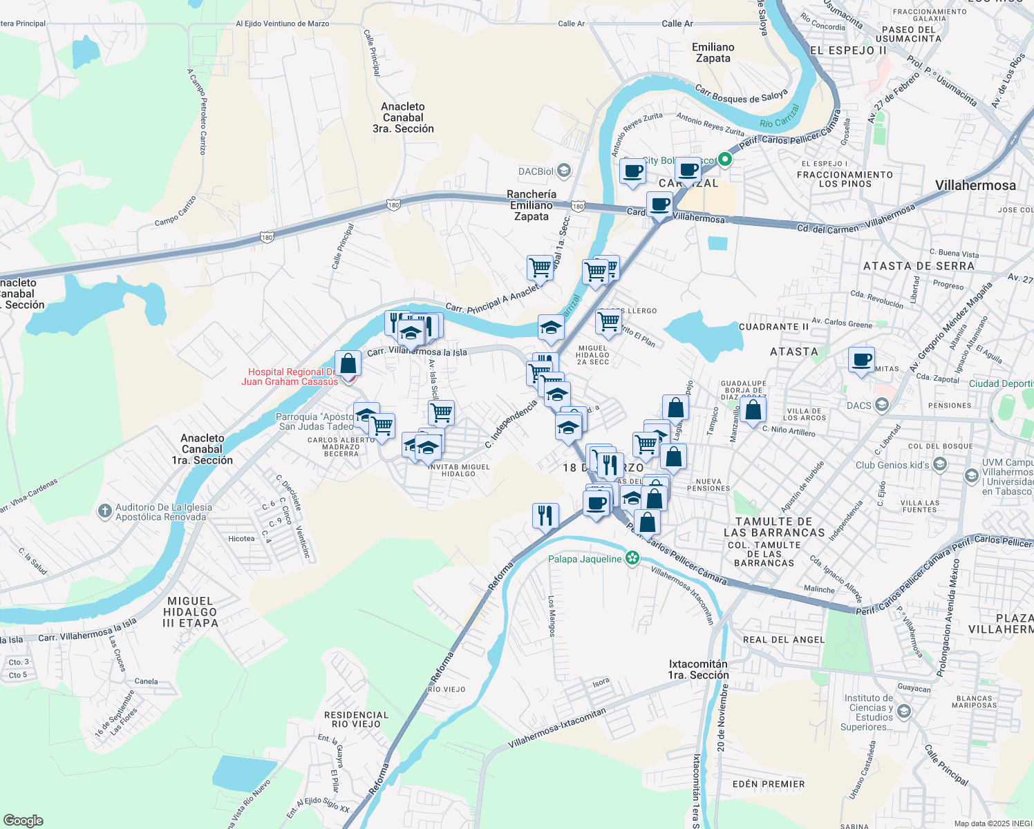 map of restaurants, bars, coffee shops, grocery stores, and more near Nuevo Tabasco in Villahermosa
