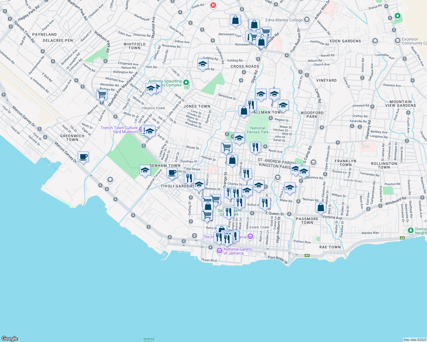 map of restaurants, bars, coffee shops, grocery stores, and more near Slipe Pen Road in Kingston