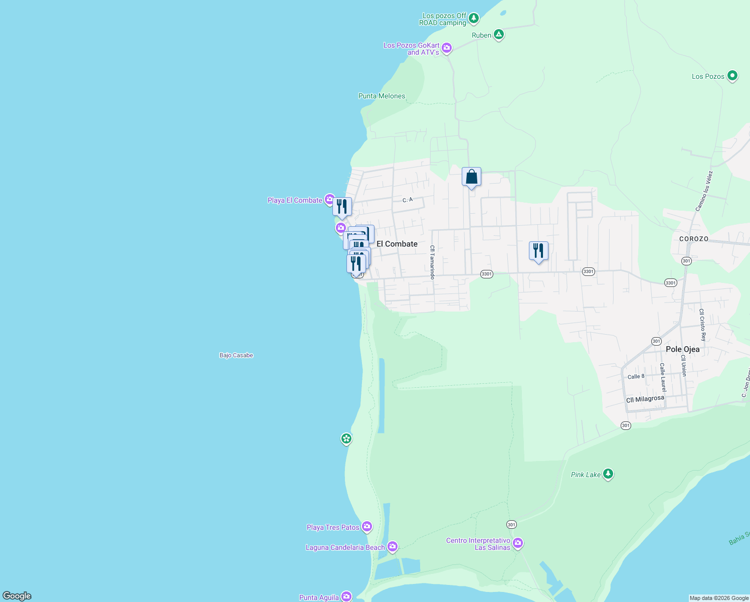 map of restaurants, bars, coffee shops, grocery stores, and more near Puerto Rico 3301 in Boqueron