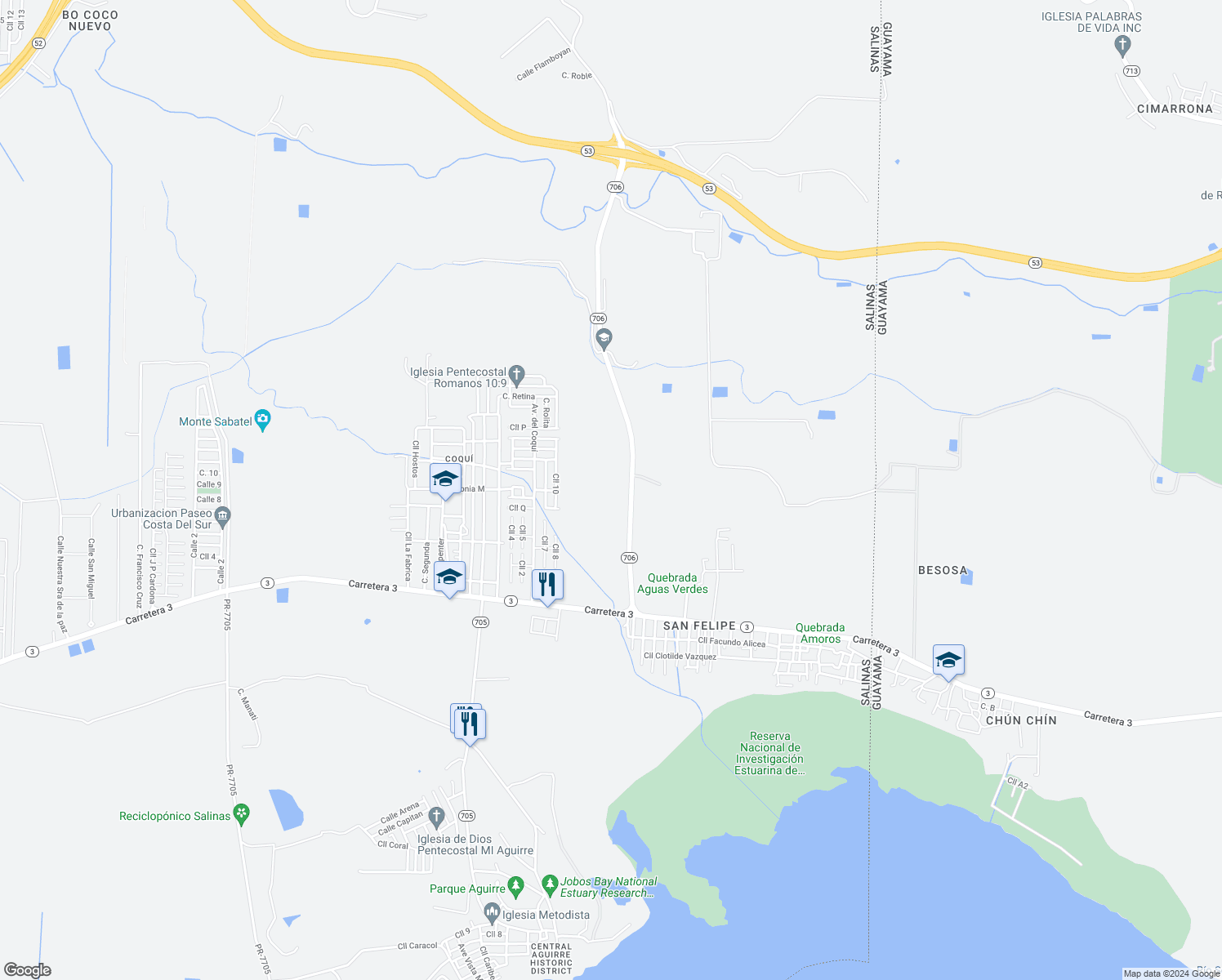 map of restaurants, bars, coffee shops, grocery stores, and more near 706 in Guayama