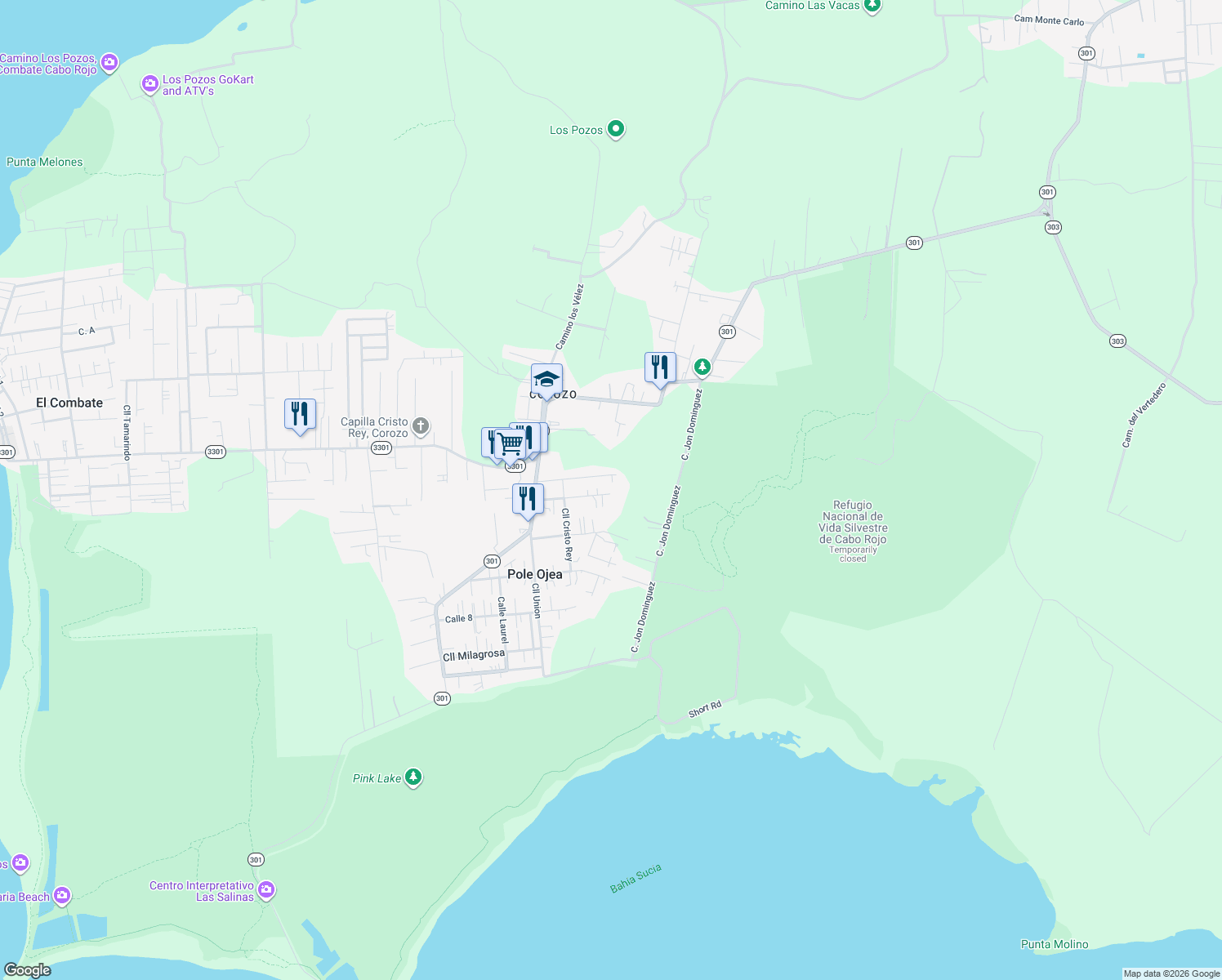 map of restaurants, bars, coffee shops, grocery stores, and more near in Pole Ojea