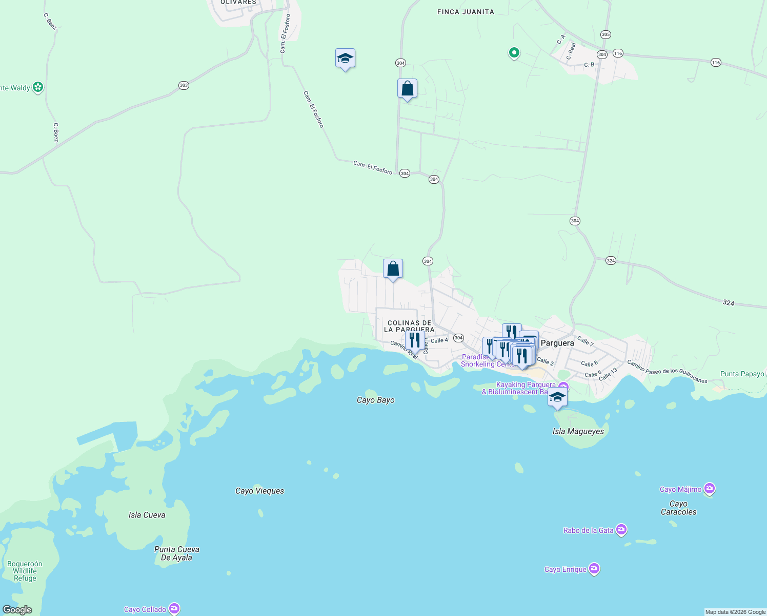map of restaurants, bars, coffee shops, grocery stores, and more near in La Parguera