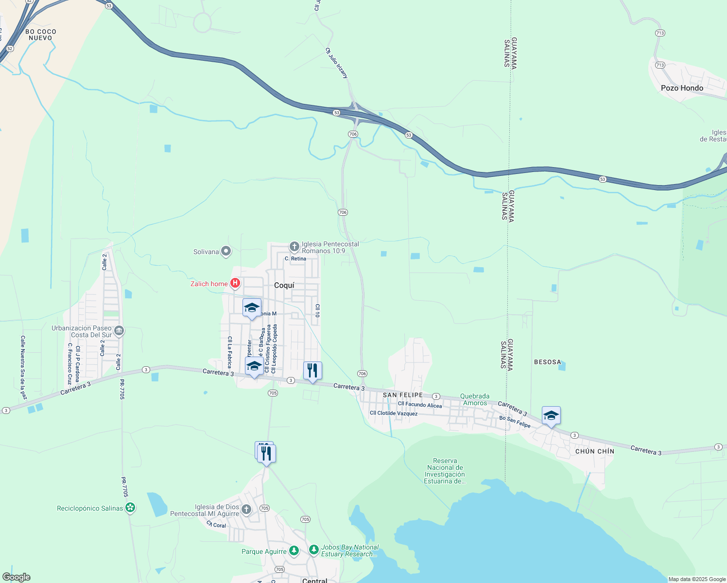 map of restaurants, bars, coffee shops, grocery stores, and more near 706 in Guayama