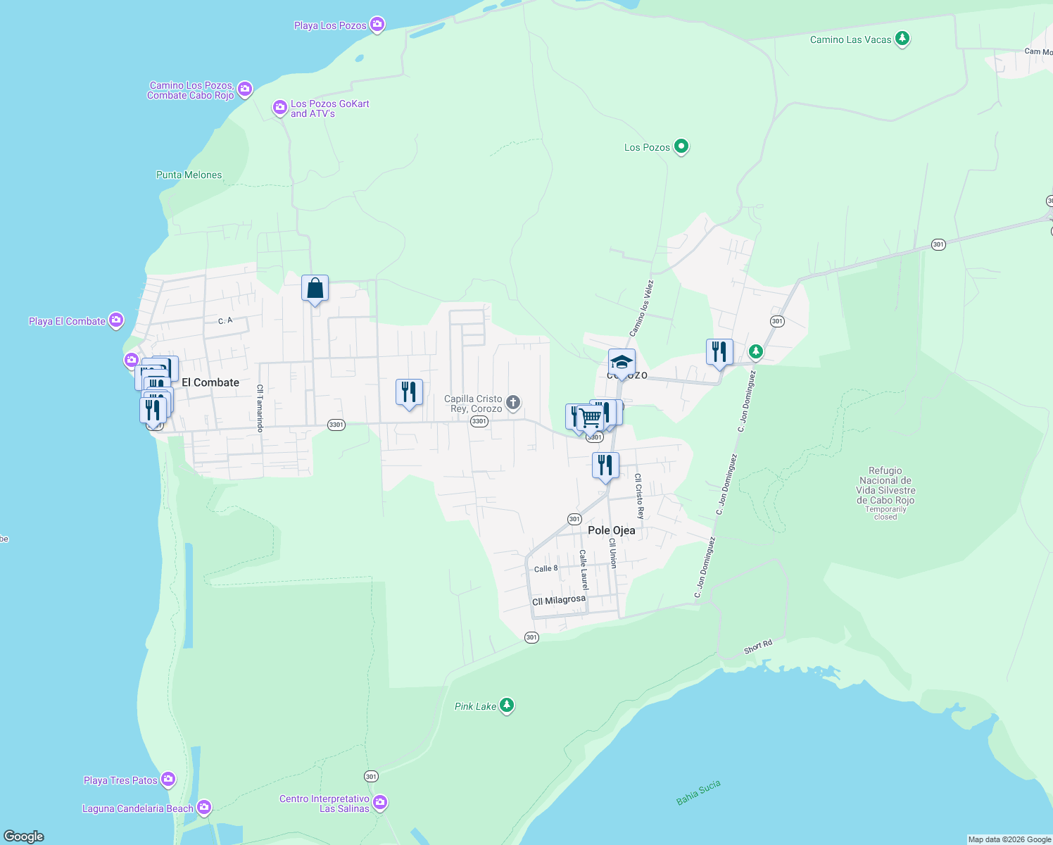 map of restaurants, bars, coffee shops, grocery stores, and more near Puerto Rico 3301 in Cabo Rojo