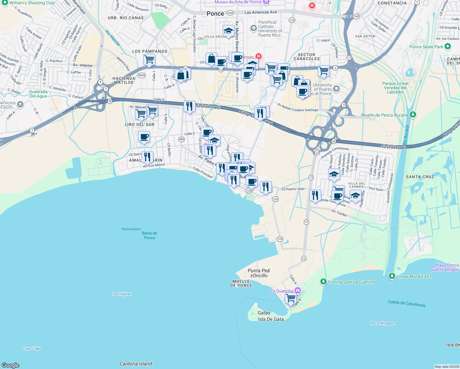 map of restaurants, bars, coffee shops, grocery stores, and more near 16 Calle Bonaire in Ponce