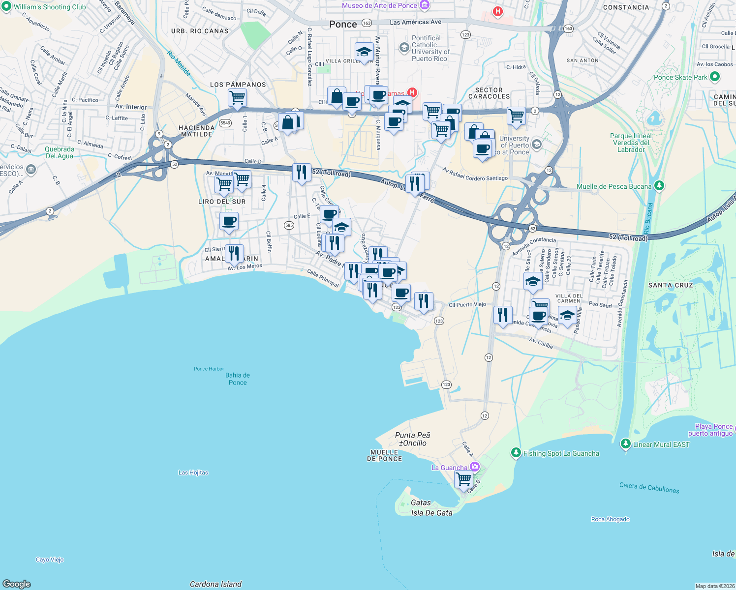 map of restaurants, bars, coffee shops, grocery stores, and more near 14-16 Calle Bonaire in Ponce