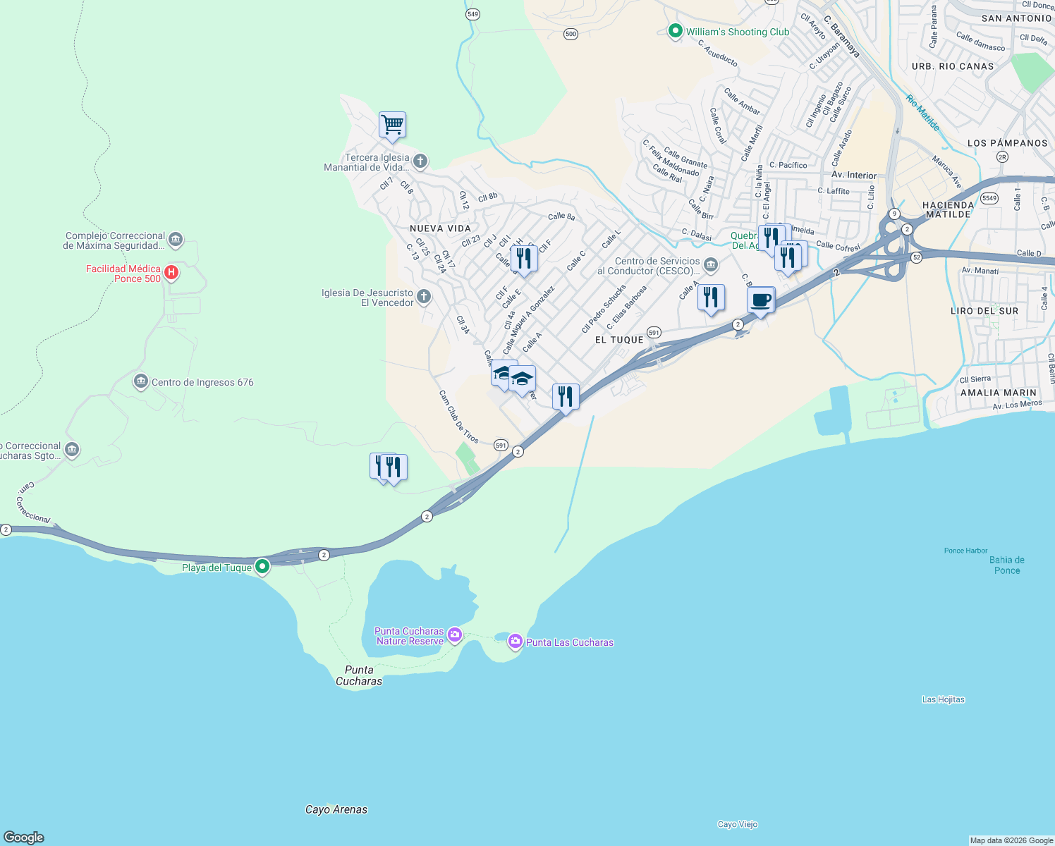 map of restaurants, bars, coffee shops, grocery stores, and more near Camino Club De Tiros in Ponce