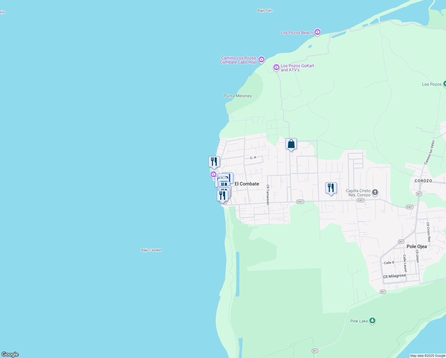 map of restaurants, bars, coffee shops, grocery stores, and more near Cll 1 in Boquerón