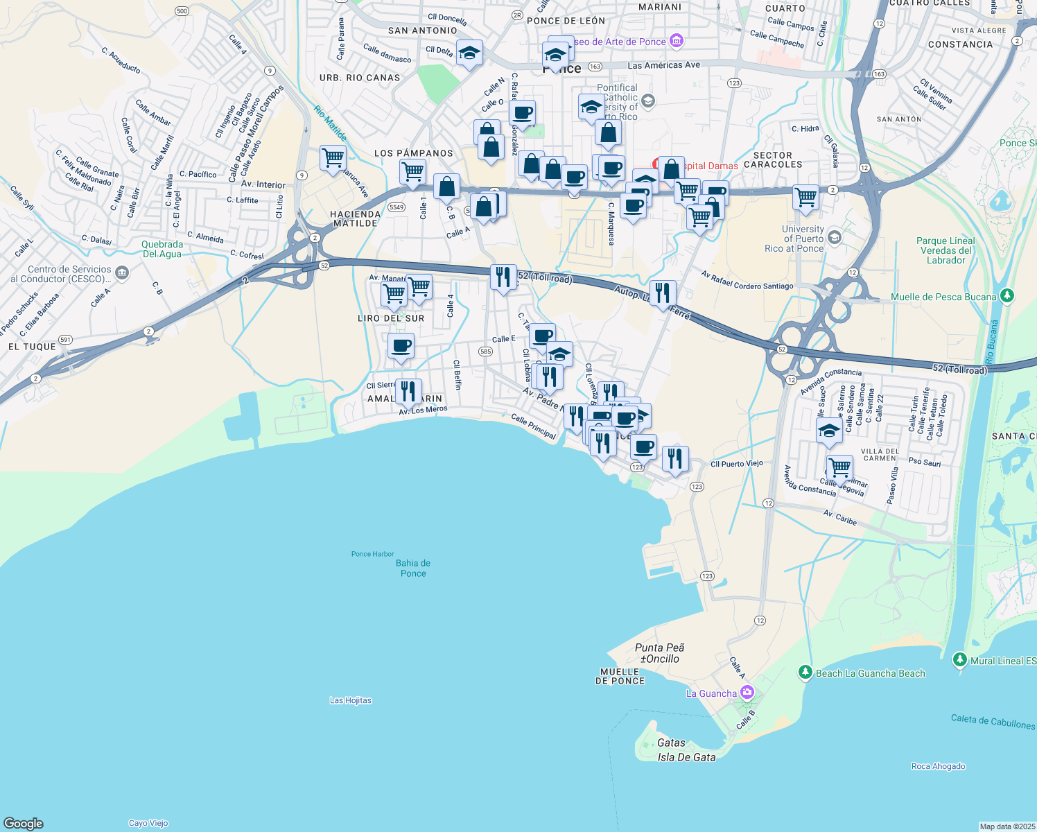 map of restaurants, bars, coffee shops, grocery stores, and more near Calle C in Ponce