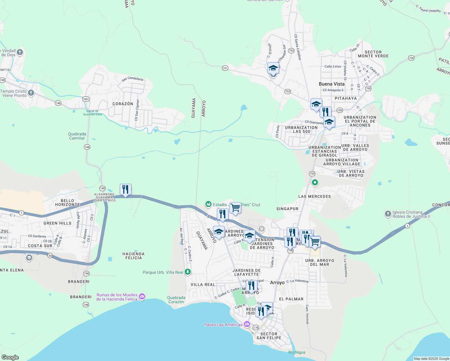 map of restaurants, bars, coffee shops, grocery stores, and more near in Arroyo