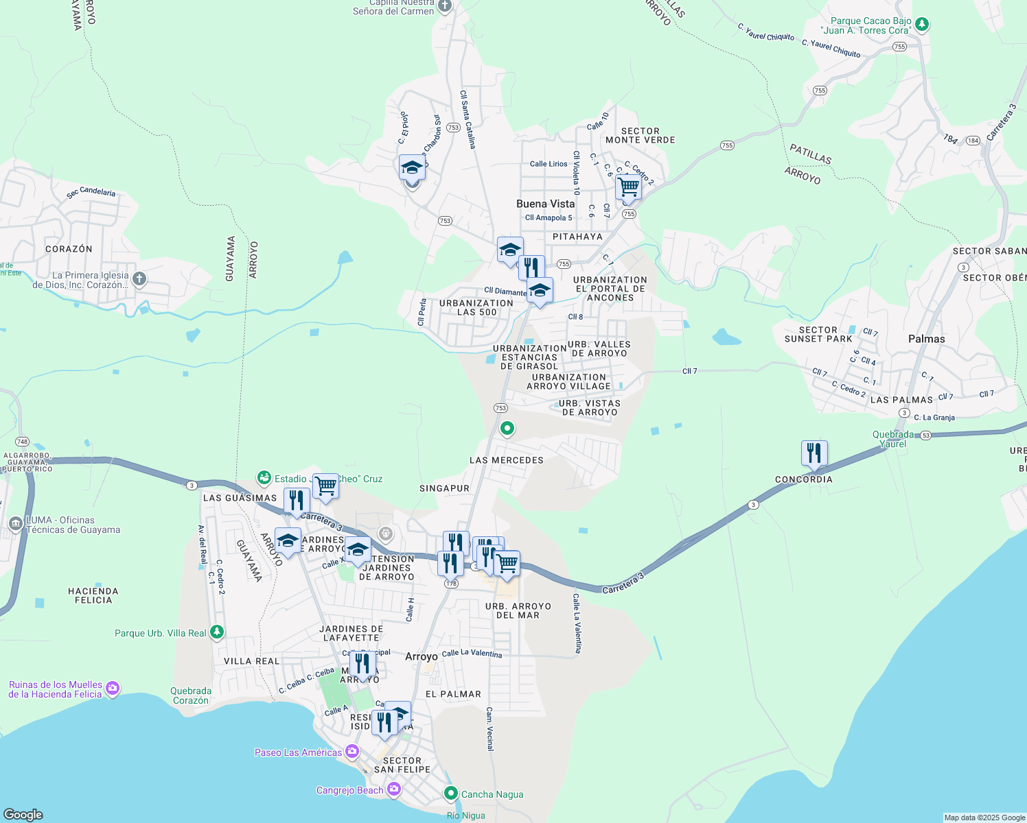 map of restaurants, bars, coffee shops, grocery stores, and more near Puerto Rico 753 in Arroyo