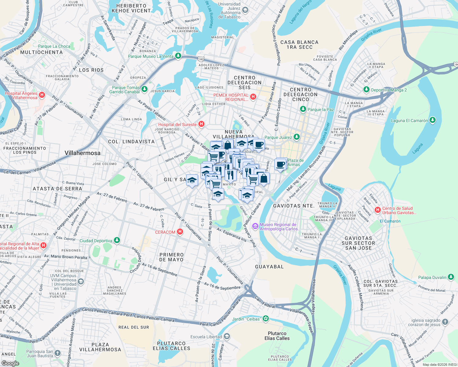 map of restaurants, bars, coffee shops, grocery stores, and more near Callejón de Rullán Ferrer in Villahermosa