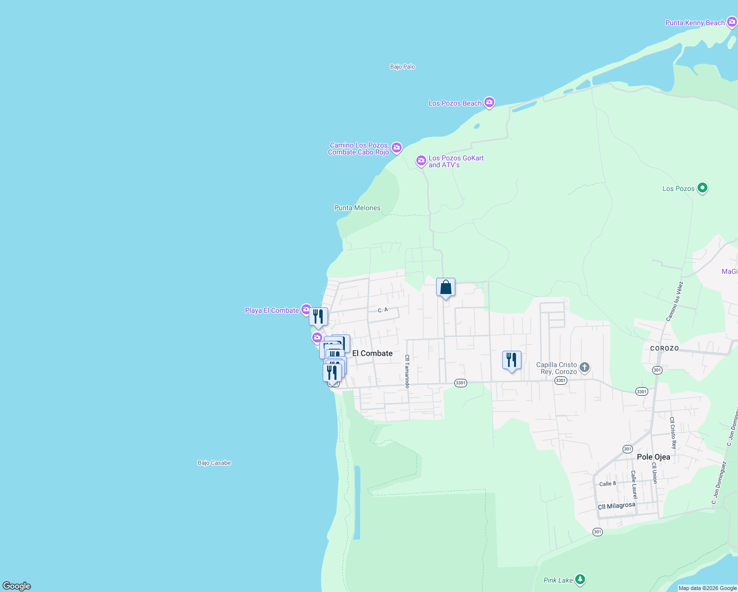 map of restaurants, bars, coffee shops, grocery stores, and more near Cll 1 in Boquerón