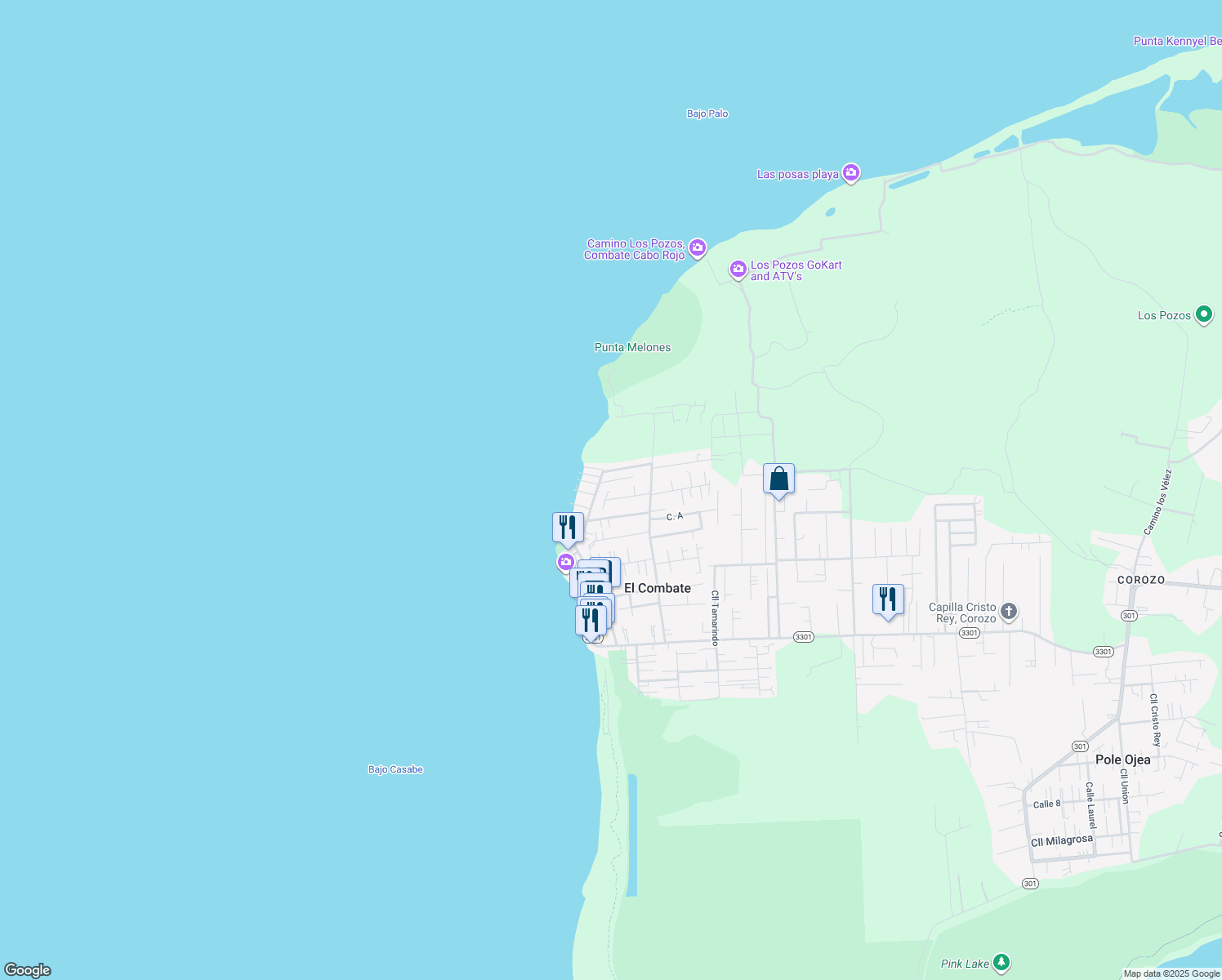 map of restaurants, bars, coffee shops, grocery stores, and more near Calle 3301 Final in Boqueron