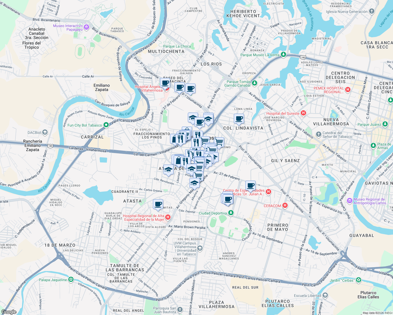 map of restaurants, bars, coffee shops, grocery stores, and more near Ignacio Gutiérrez in Villahermosa
