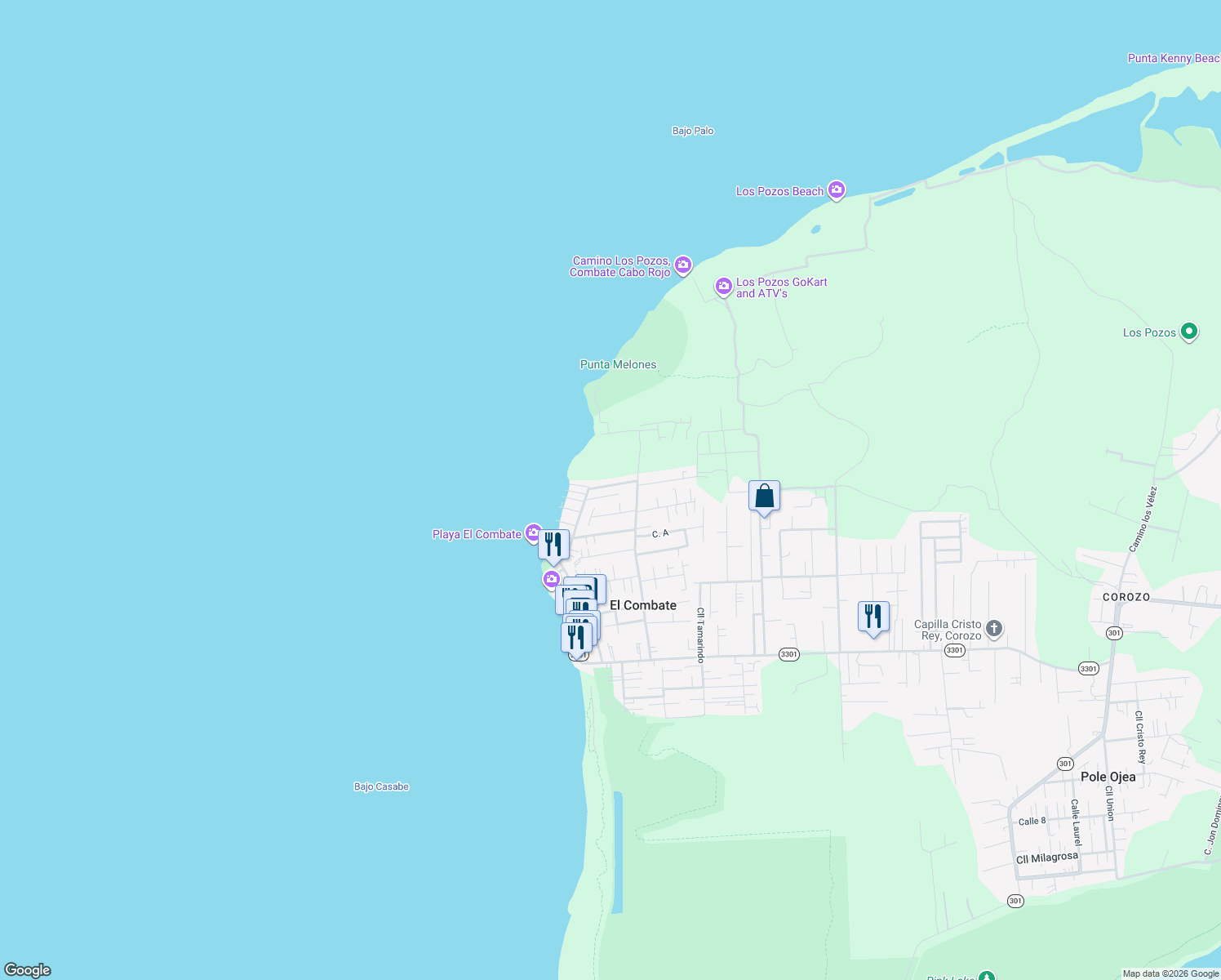 map of restaurants, bars, coffee shops, grocery stores, and more near Cll 1 in Boquerón