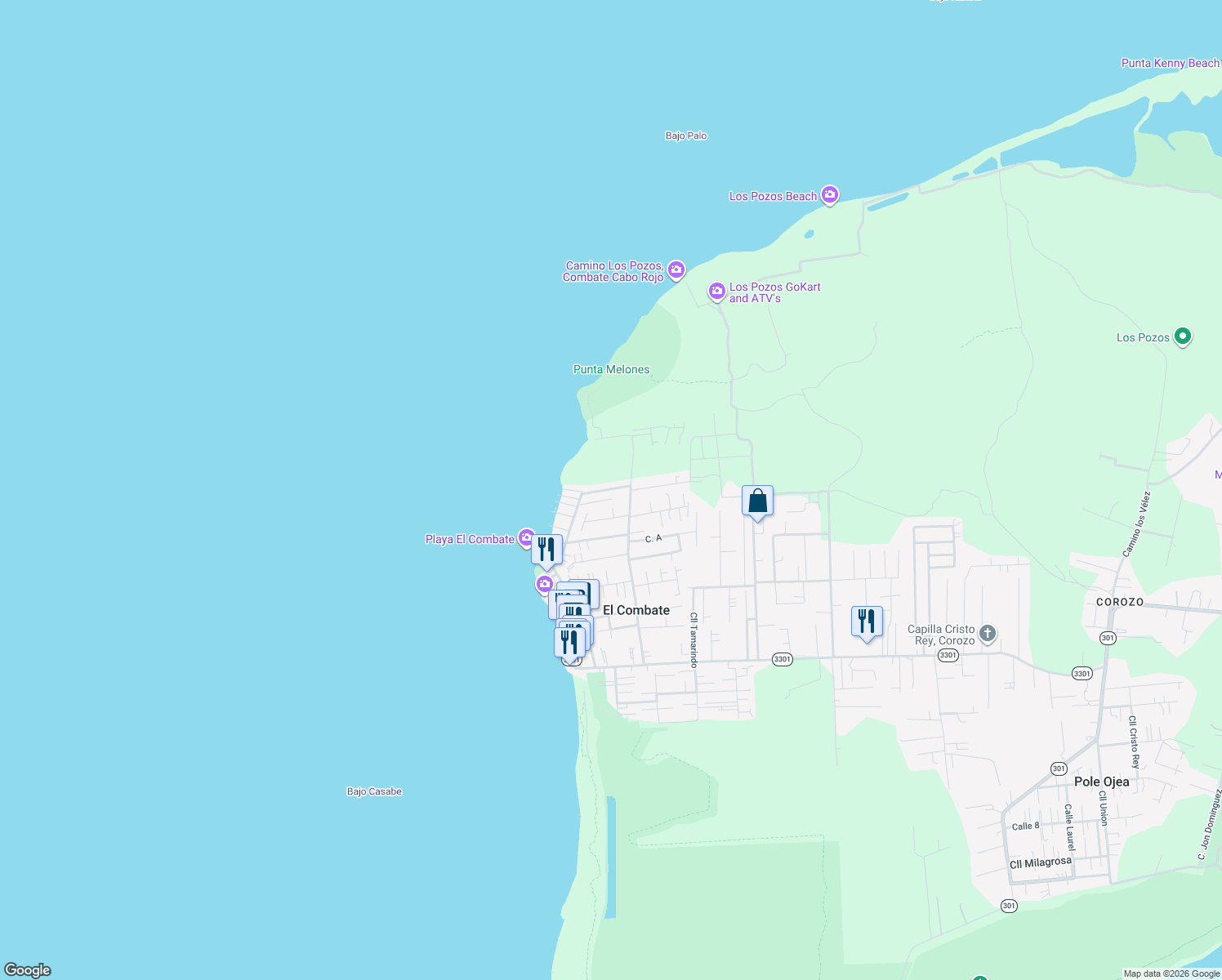 map of restaurants, bars, coffee shops, grocery stores, and more near Cll 1 in Boquerón