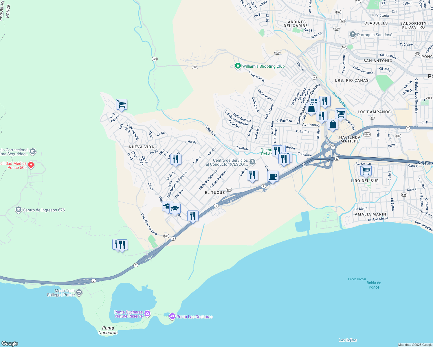 map of restaurants, bars, coffee shops, grocery stores, and more near Calle Rafael Martinez Nadal in Ponce