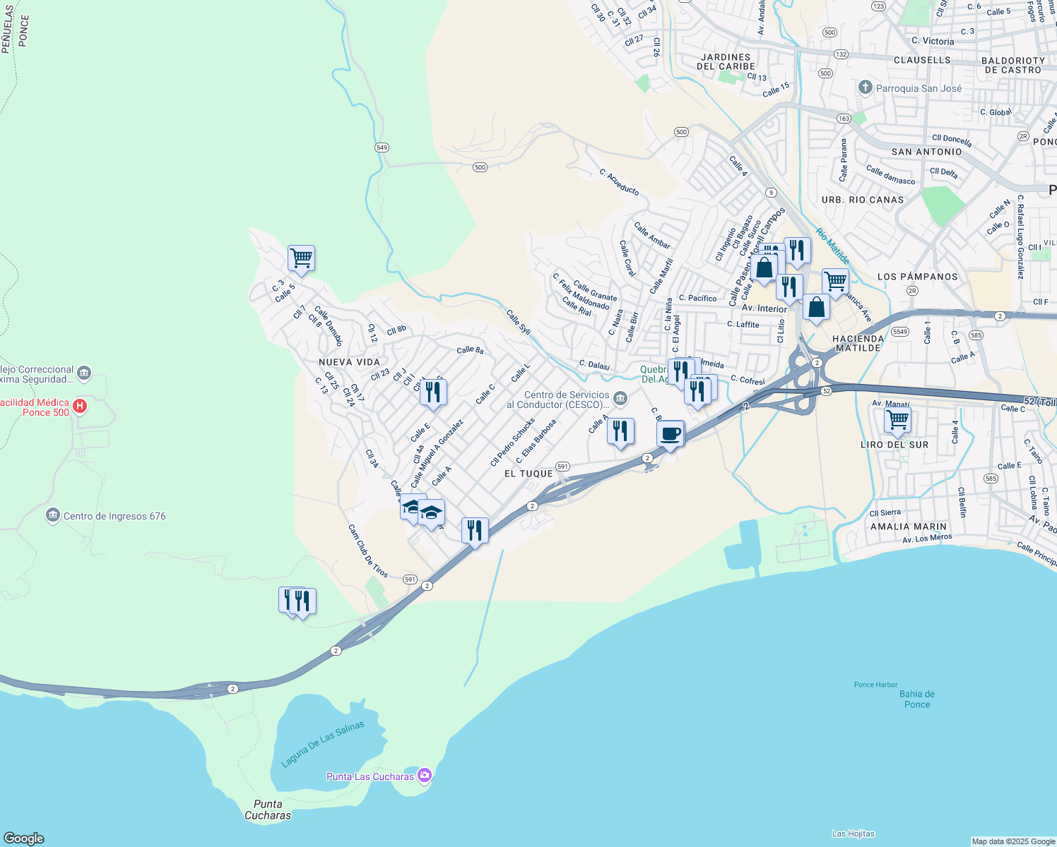 map of restaurants, bars, coffee shops, grocery stores, and more near Calle Rafael Martinez Nadal in Ponce
