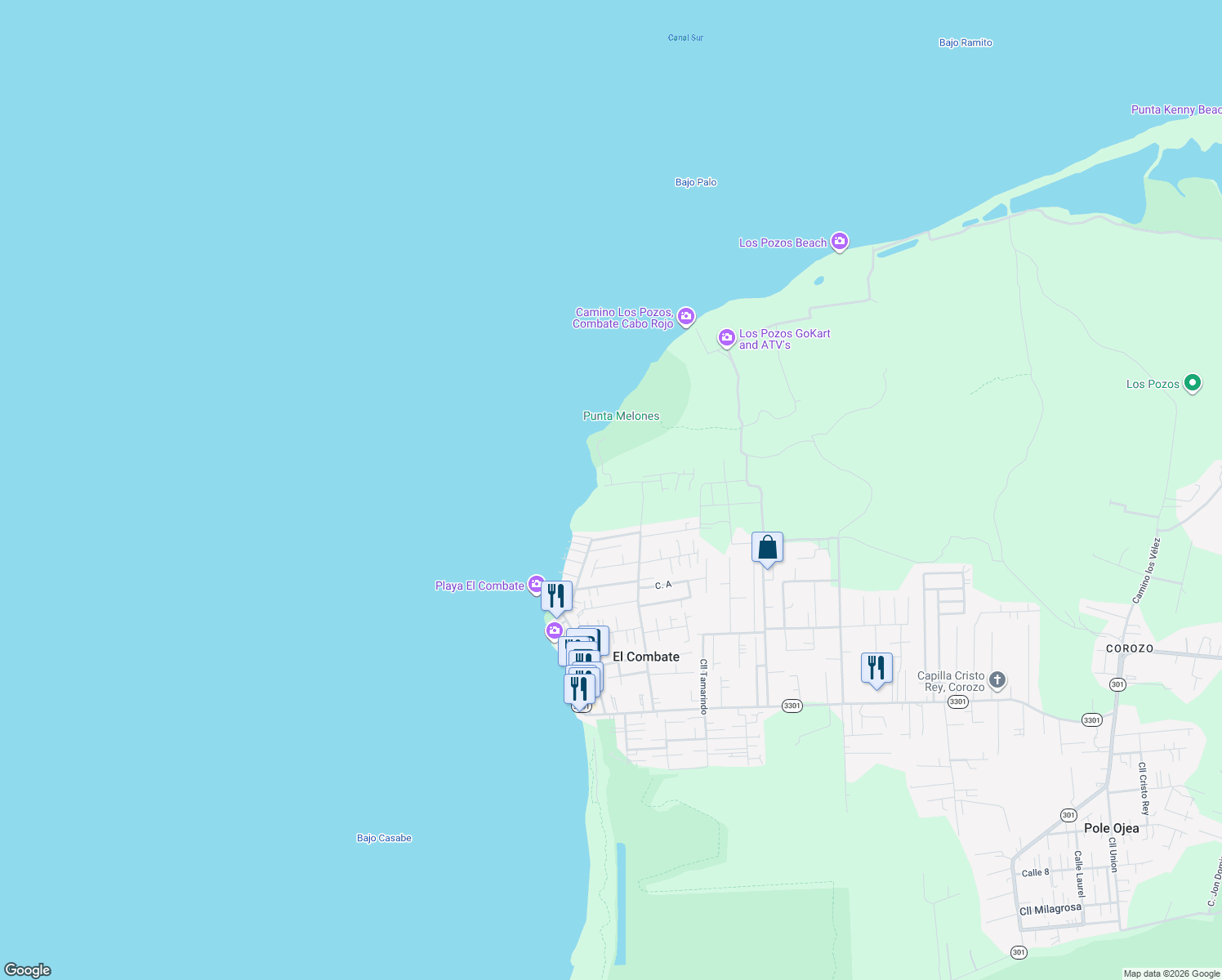 map of restaurants, bars, coffee shops, grocery stores, and more near in Boquerón