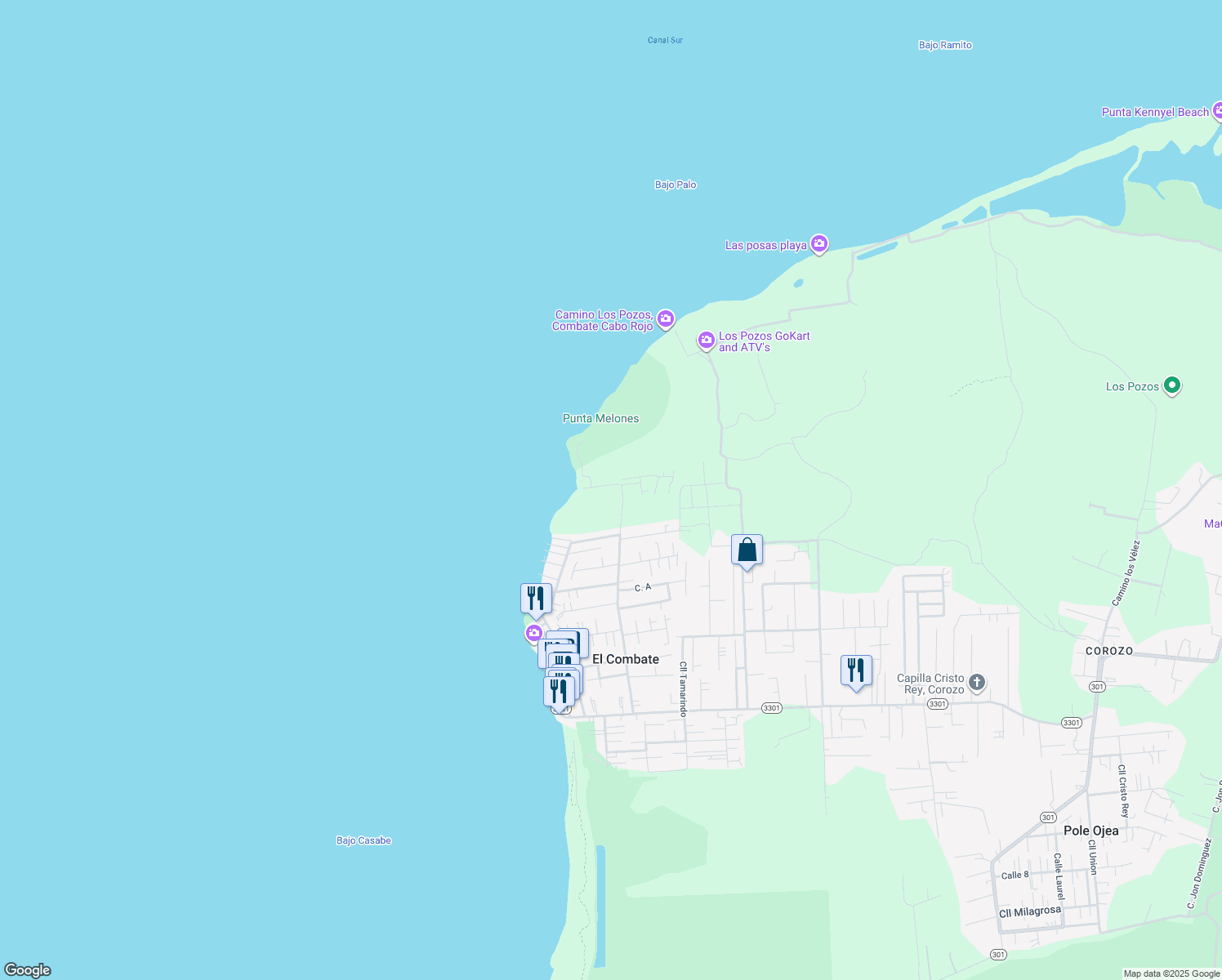 map of restaurants, bars, coffee shops, grocery stores, and more near Cll 1 in Boquerón