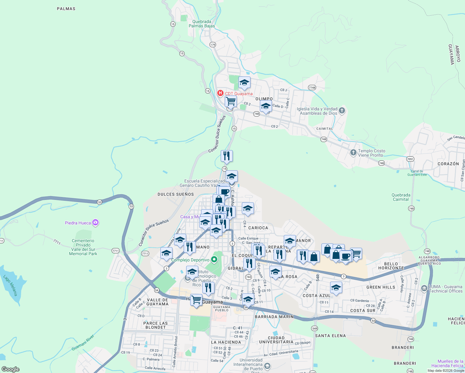 map of restaurants, bars, coffee shops, grocery stores, and more near 146 Calle Ashford in Guayama