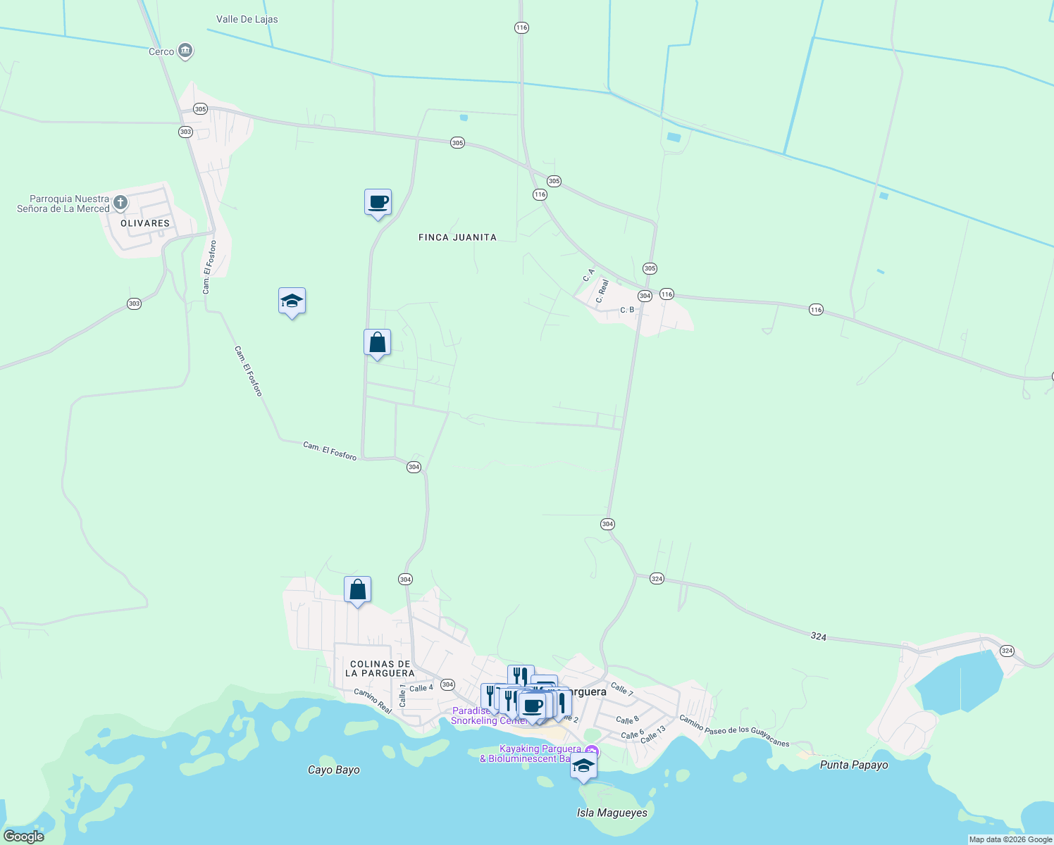 map of restaurants, bars, coffee shops, grocery stores, and more near Puerto Rico 304 in Lajas