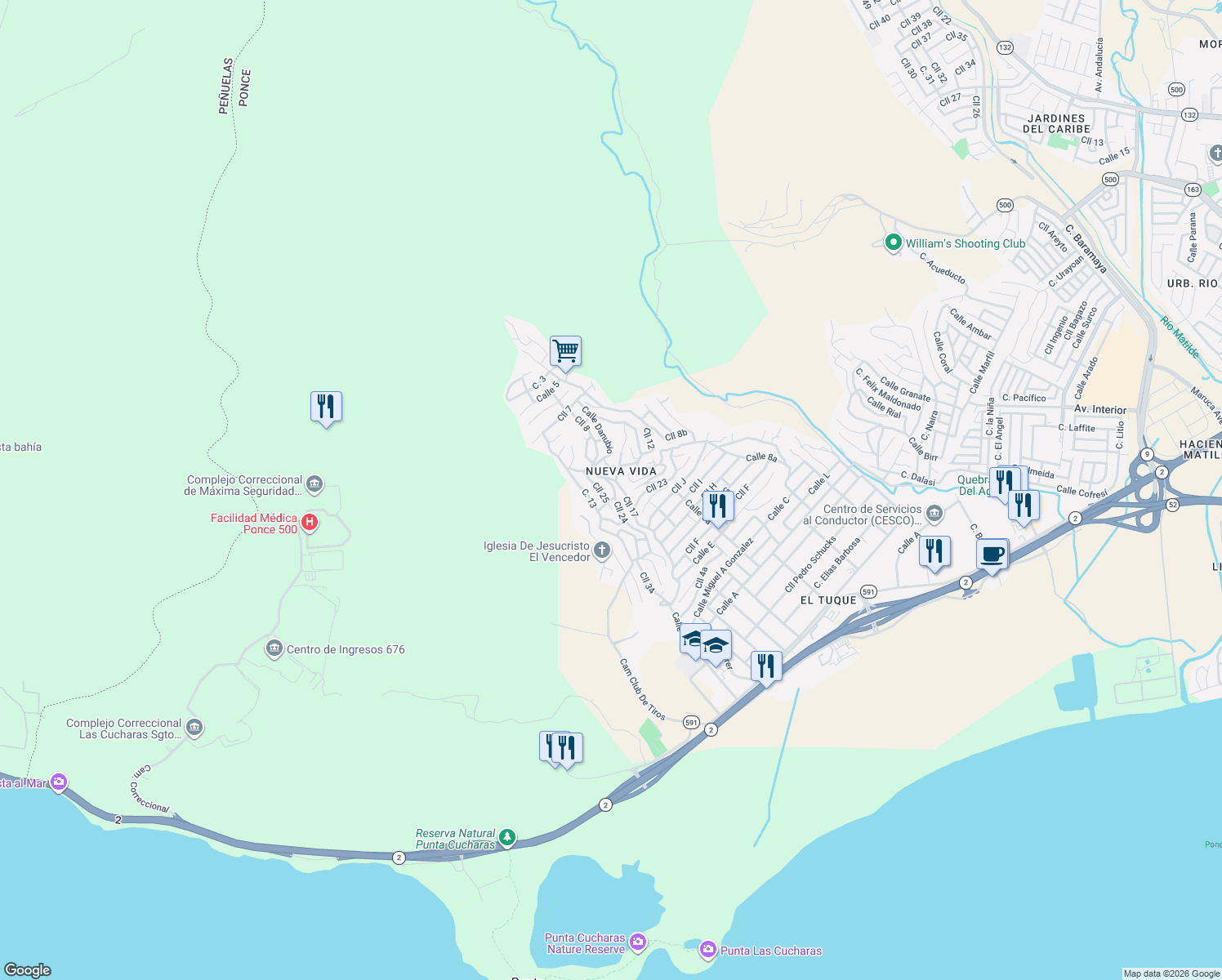 map of restaurants, bars, coffee shops, grocery stores, and more near 500 Calle 24 in Ponce