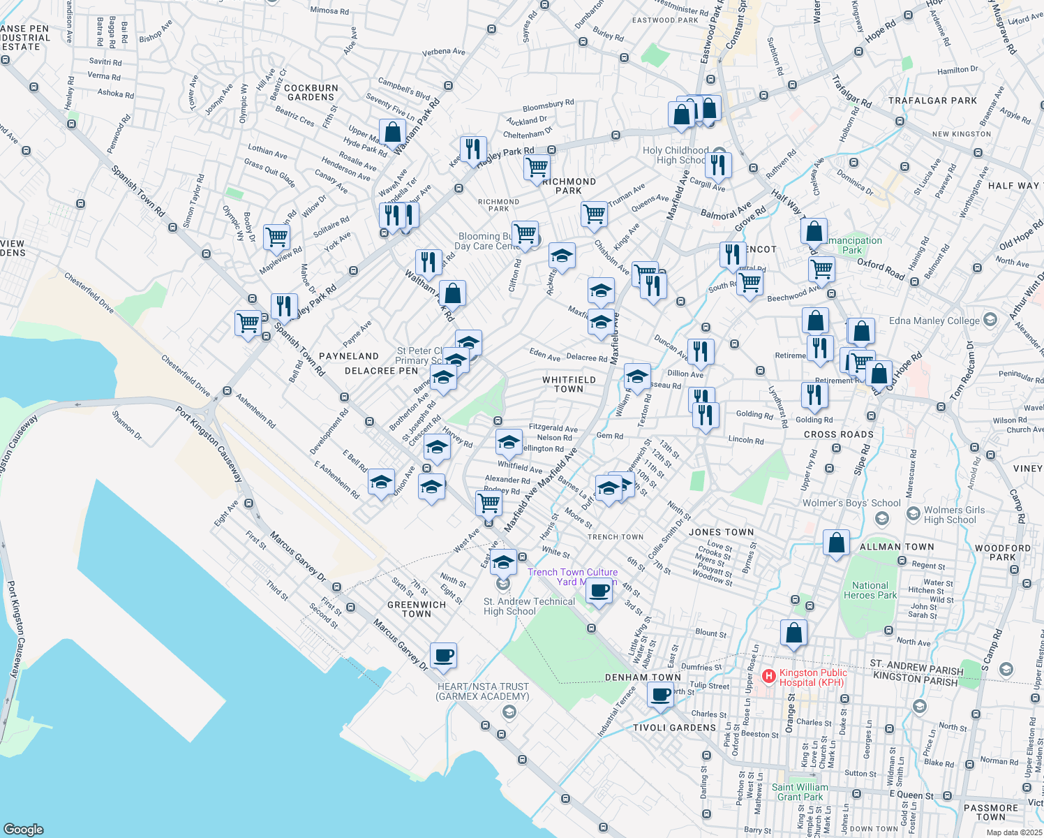 map of restaurants, bars, coffee shops, grocery stores, and more near Saint Andrew Lane in Kingston
