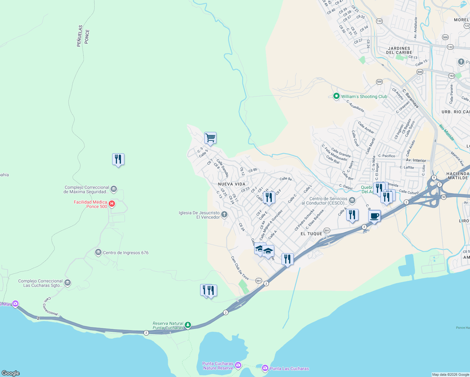 map of restaurants, bars, coffee shops, grocery stores, and more near 500 Calle 24 in Ponce