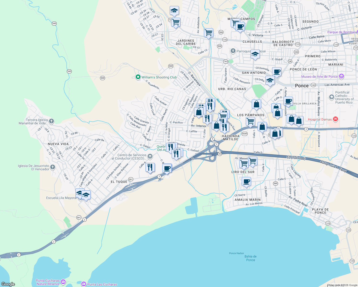 map of restaurants, bars, coffee shops, grocery stores, and more near in Ponce