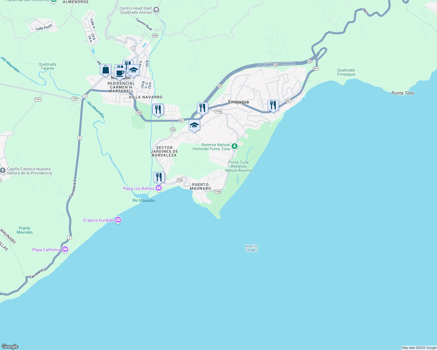 map of restaurants, bars, coffee shops, grocery stores, and more near in Maunabo