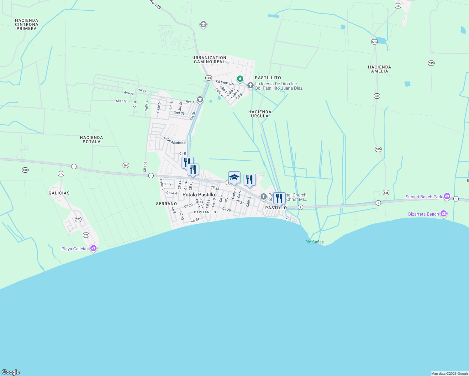 map of restaurants, bars, coffee shops, grocery stores, and more near Highway 1 in Mercedita