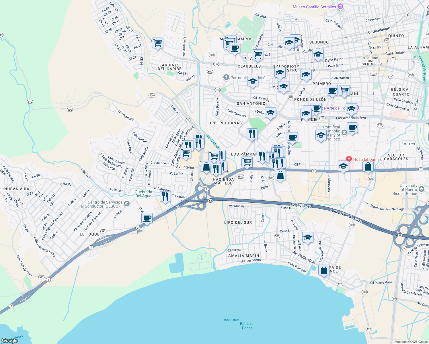map of restaurants, bars, coffee shops, grocery stores, and more near Calle Baramaya in Ponce