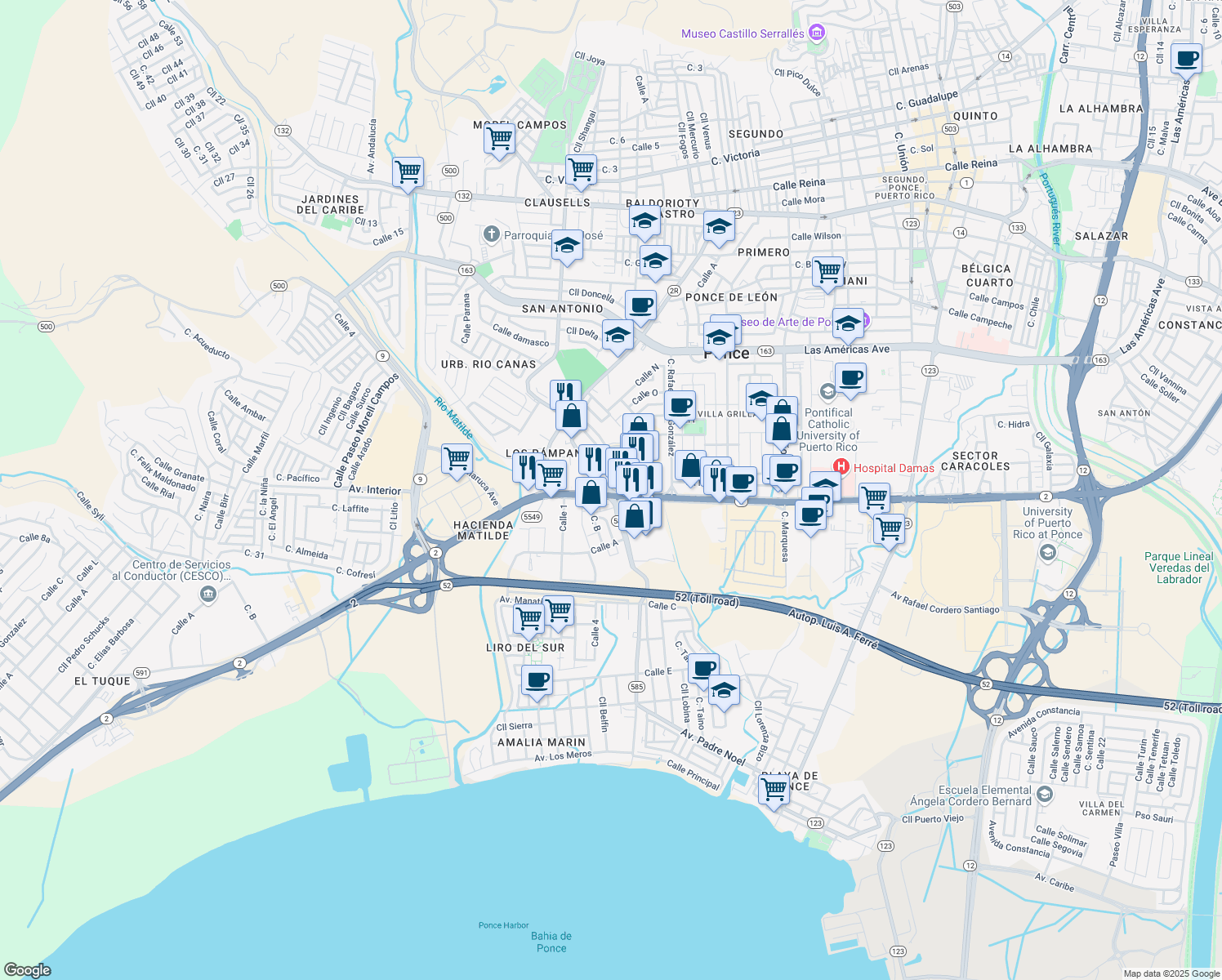 map of restaurants, bars, coffee shops, grocery stores, and more near Avenida Eduardo Ruberte in Ponce