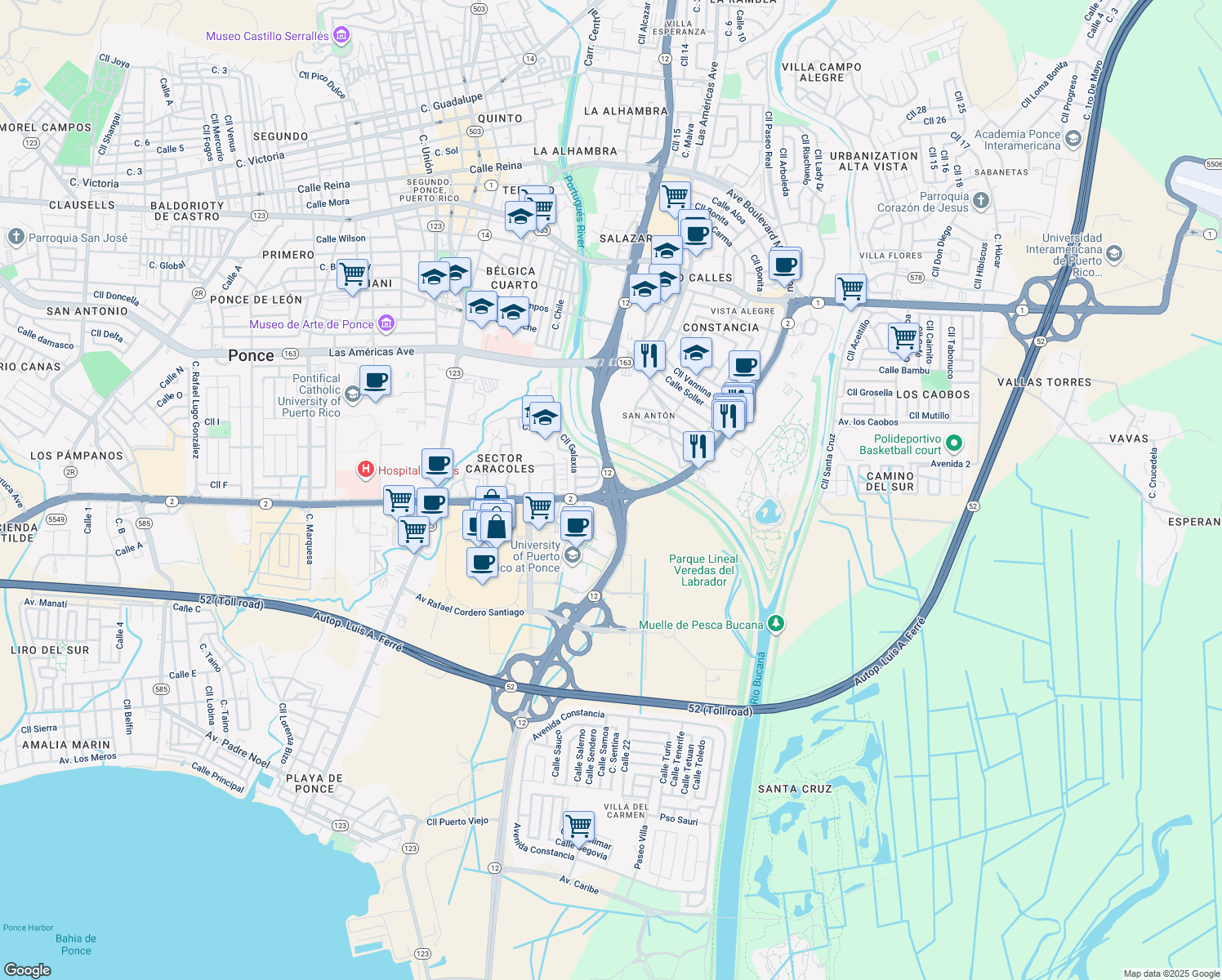 map of restaurants, bars, coffee shops, grocery stores, and more near Avenida Santiago de los Caballeros in Ponce