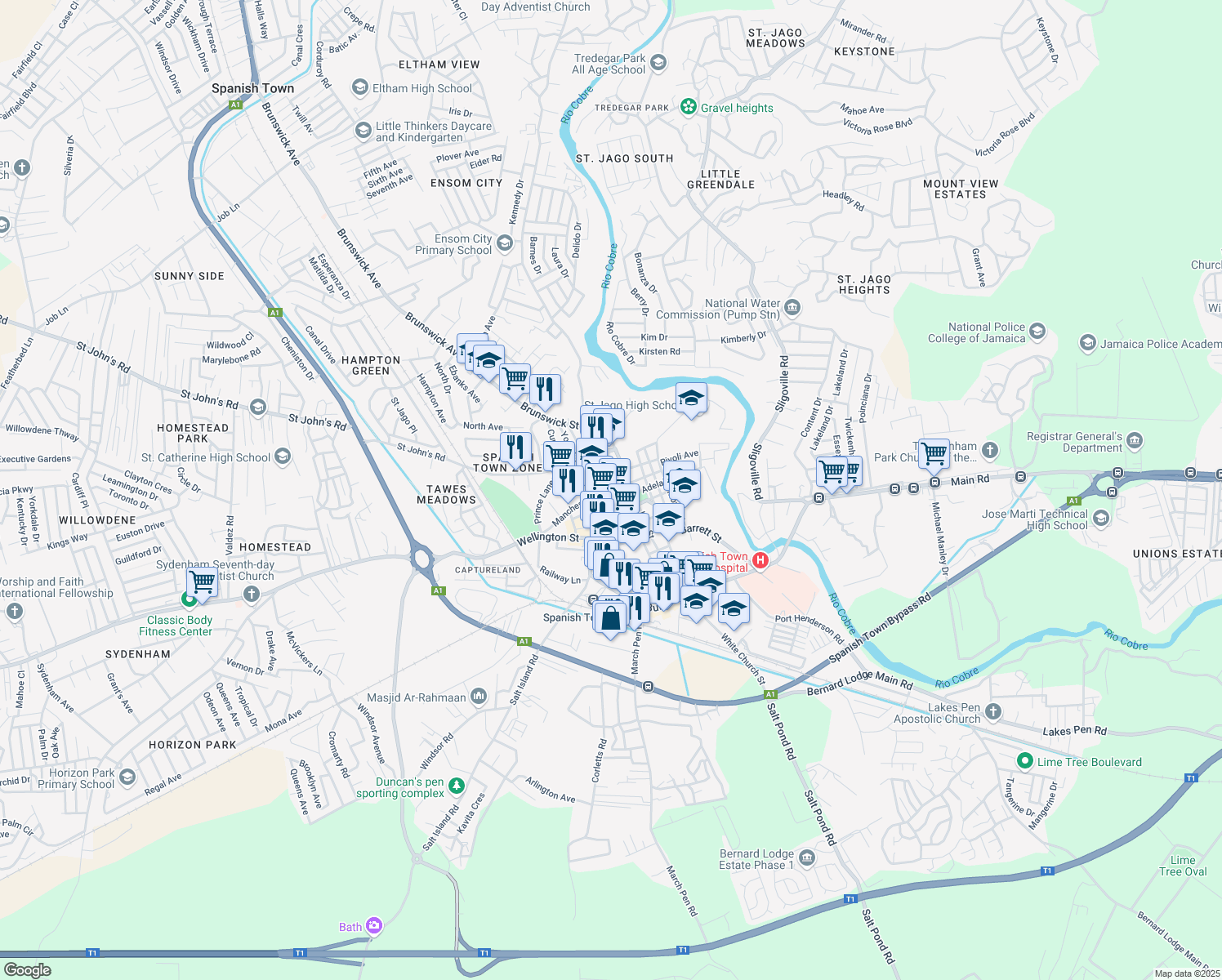 map of restaurants, bars, coffee shops, grocery stores, and more near Martin Street in Spanish Town
